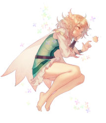 Rule 34 | 1girl, ahoge, bare legs, barefoot, belt, blonde hair, cape, creature, dress, feet, flying, frilled dress, frills, from side, full body, green dress, long sleeves, original, profile, red eyes, short hair, simple background, solo, white background, white cape, zuizi