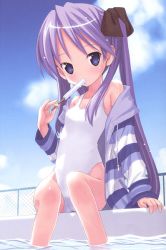 Rule 34 | 00s, 1girl, chain-link fence, cloud, day, eating, fence, flat chest, food, hiiragi kagami, jacket, kiira, looking at viewer, lucky star, off shoulder, one-piece swimsuit, outdoors, pool, poolside, popsicle, purple eyes, purple hair, school swimsuit, sitting, skinny, sky, soaking feet, solo, swimsuit, twintails, water, white school swimsuit, white one-piece swimsuit