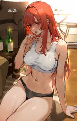 Rule 34 | 1girl, abs, absurdres, alcohol, alternate costume, artist name, bare shoulders, black panties, blush, breasts, collarbone, commentary, couch, drooling, drunk, elesis (elsword), elsword, english commentary, highres, indoors, long hair, looking at viewer, medium breasts, navel, panties, red eyes, red hair, sabi (ghke4333), saliva, sitting, sleeveless, solo, stomach, table, tank top, thighs, underwear, white tank top