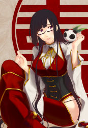 Rule 34 | 1girl, arc system works, black hair, blazblue, blazblue: calamity trigger, blush, breasts, china dress, chinese clothes, collair, dress, female focus, glasses, highres, lao jiu, large breasts, litchi faye ling, long hair, purple eyes, sitting, solo