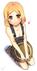 Rule 34 | 1girl, badge, blonde hair, blush, boots, button badge, fate/grand order, fate (series), flat chest, from above, full body, hat, hat on lap, unworn hat, unworn headwear, looking at viewer, naked overalls, nauchi, nervous smile, overalls, paul bunyan (fate), paul bunyan (third ascension) (fate), seiza, short hair, sitting, smile, smiley face, solo, v arms, white background, yellow eyes