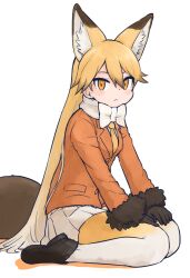 Rule 34 | 1girl, animal ears, bow, bowtie, coat, commentary request, extra ears, ezo red fox (kemono friends), fox ears, fox tail, full body, fur trim, gloves, gradient hair, hands on lap, kemono friends, long hair, long sleeves, looking at viewer, multicolored hair, necktie, orange eyes, orange hair, pantyhose, pleated skirt, rumenia (ao2is), seiza, simple background, sitting, skirt, solo, tail, very long hair, white background