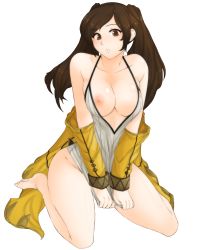 Rule 34 | 1girl, areola slip, bare shoulders, barefoot, blush, bottomless, breasts, brown eyes, brown hair, cleavage, clothes pull, coat, collarbone, covering crotch, covering privates, curvy, embarrassed, feet, fire emblem, fire emblem awakening, fire emblem heroes, full body, highres, intelligent systems, light blush, long hair, looking at viewer, medium breasts, nintendo, nipple slip, nipples, no bra, no panties, parted lips, partially undressed, pulling, robin (female) (fire emblem), robin (fire emblem), solo, super smash bros., surprised, tank top, thighs, toes, transparent background, tridisart, twintails, yellow coat