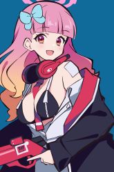 Rule 34 | 1girl, absurdres, aikatsu! (series), aikatsu friends!, bandaid, bandaid on shoulder, bare shoulders, between breasts, bikini, bikini top only, black bikini, black jacket, blue archive, blue background, blue bow, blunt bangs, blush, bow, breasts, clothes down, collar, drill hair, eimi (blue archive), from side, gradient hair, gun, halo, headphones, headphones around neck, highres, jacket, large breasts, long hair, long sleeves, looking at viewer, looking to the side, matsunaga akane, multicolored eyes, multicolored hair, necktie, necktie between breasts, neckwear between breasts, off shoulder, open clothes, open jacket, open mouth, open shirt, orange eyes, orange hair, pink hair, purple eyes, red collar, shirt, shotgun, simple background, smile, solo, string bikini, swimsuit, trigger discipline, uhouhogorigori, voice actor connection, weapon, white shirt, yuki aine, zipper