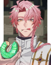 Rule 34 | 1boy, alma (yumekuro), asymmetrical hair, braid, cossack, doughnut, earrings, food, food on face, hair between eyes, haruakira, highres, holding, holding food, jewelry, licking lips, long hair, looking at viewer, male focus, orange eyes, pink hair, priest, single braid, slit pupils, solo, sparkle, stole, tongue, tongue out, upper body, yume shokuin to wasureji no kuroi yousei