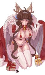 Rule 34 | absurdres, animal ears, antlers, bell, bikini, blush, breasts, brown hair, character request, cleavage, elbow gloves, fake antlers, fox ears, gift, gloves, guardian tales, headband, highres, horns, large breasts, long hair, navel, neck bell, simple background, swimsuit, thighhighs, thighs, white background, white gloves, xize9247