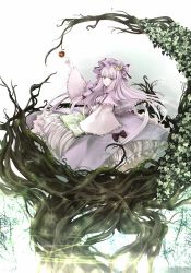 Rule 34 | 1girl, apple, book, capelet, crescent, dress, female focus, food, fruit, hat, highres, long hair, magic circle, patchouli knowledge, purple hair, red eyes, solo, touhou, tree, yume koucha
