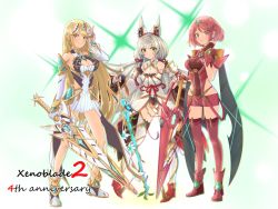 Rule 34 | aegis sword (xenoblade), animal ears, bare legs, bare shoulders, black gloves, blonde hair, breasts, catalyst scimitar, chest jewel, cleavage, cleavage cutout, clothing cutout, detached sleeves, dress, earrings, elbow gloves, facial mark, fingerless gloves, gloves, highleg, highleg leotard, highres, jewelry, large breasts, leotard, long hair, low twintails, medium breasts, mythra (xenoblade), nia (blade) (xenoblade), nia (xenoblade), pyra (xenoblade), red eyes, red hair, red legwear, red shorts, short dress, short hair, short shorts, shorts, silver hair, sofusan1526, swept bangs, sword, thigh strap, thighhighs, tiara, twintails, very long hair, weapon, white dress, white footwear, white gloves, xenoblade chronicles (series), xenoblade chronicles 2, yellow eyes