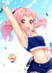 Rule 34 | 10s, 2girls, :d, = =, ahoge, anima yell!, arm up, armpits, bare shoulders, blonde hair, blood, blue skirt, blue sky, blush, bow, breasts, cheerleader, closed eyes, cloud, collarbone, commentary request, crop top, day, hair bow, hatoya kohane, high ponytail, highres, holding, long hair, mad (hazukiken), midriff, multiple girls, navel, nose blush, nosebleed, open mouth, outdoors, pink hair, pleated skirt, pom pom (cheerleading), ponytail, red eyes, sawatari uki, skirt, sky, small breasts, smile, solo focus