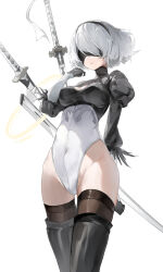 Rule 34 | 1girl, absurdres, berserker r, black blindfold, black gloves, black thighhighs, blindfold, boots, breasts, cleavage, cleavage cutout, clothing cutout, covered navel, feather-trimmed sleeves, gloves, highleg, highleg leotard, highres, juliet sleeves, katana, leotard, long sleeves, medium breasts, nier:automata, nier (series), puffy sleeves, resolution mismatch, short hair, solo, source smaller, sword, thigh boots, thighhighs, thighhighs under boots, thighs, virtuous contract, weapon, white background, white leotard, 2b (nier:automata)