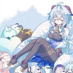 Rule 34 | 1girl, ahoge, animal slippers, animated, audible music, bare shoulders, bean bag chair, bell, blue hair, blue skirt, blush, bodystocking, breasts, character doll, chinese knot, chongyun (genshin impact), cloud background, cloud retainer (genshin impact), detached sleeves, ganyu (genshin impact), genshin impact, goat horns, gold trim, hair between eyes, heart, heart-shaped pillow, horns, knees up, kun (user ahgn2825), long hair, long sleeves, music, neck bell, parted lips, pillow, purple eyes, qilin (mythology), qiqi (genshin impact), rex lapis (genshin impact), shenhe (genshin impact), sidelocks, skirt, sleeping, slippers, small breasts, snowing, solo, sound, video, vision (genshin impact), white footwear, white sleeves, xianyun (genshin impact), xiao (bird) (genshin impact), yae miko, yae miko (fox)