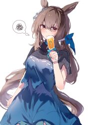 Rule 34 | 1girl, absurdres, admire vega (umamusume), animal ears, arm at side, blue dress, breasts, brown hair, champagne flute, closed mouth, cowboy shot, cup, dress, drinking glass, hair between eyes, hand up, highres, holding, holding cup, horse ears, horse girl, horse tail, long hair, looking at viewer, low ponytail, red eyes, sb (akagikeai), short sleeves, small breasts, solo, squiggle, tail, thought bubble, umamusume, very long hair
