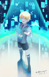 Rule 34 | 1boy, 2020, :d, black necktie, black shorts, blonde hair, blood, blue eyes, clipboard, collared shirt, davis (tears of themis), full body, grey vest, holding, holding clipboard, kenkako, long sleeves, looking at viewer, male focus, necktie, open mouth, shirt, short hair, shorts, signature, smile, solo, standing, tears of themis, vest, white shirt