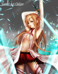 Rule 34 | 10s, 1girl, absurdres, armpits, arms up, asuna (sao), breasts, brown eyes, brown hair, copyright name, detached sleeves, highres, long hair, navel, open clothes, open shirt, shirt, skirt, sword art online, thighhighs, white thighhighs, zhang xiao bo