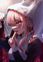 Rule 34 | 1other, absurdres, akiyama mizuki, black nails, blood, blood on face, blurry, blurry background, collared shirt, fang, hair over one eye, highres, juliet sleeves, light, long hair, long sleeves, looking at viewer, nail polish, open mouth, pink hair, pointy ears, project sekai, prsk178159, puffy sleeves, red background, red eyes, shirt, sidelocks, smile, solo, standing, towel, upper body, vampire, white shirt, white towel