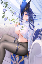Rule 34 | 1girl, absurdres, blue hair, blue hat, blush, breasts, choker, clorinde (genshin impact), clothes lift, couch, covered erect nipples, dokimaru, falling petals, flower, genshin impact, hat, hat feather, highres, large breasts, leaf, looking at viewer, navel, pantyhose, parted lips, petals, purple eyes, rose, see-through, see-through shirt, shirt, shirt lift, sitting, solo, stomach, thigh strap, tricorne, white shirt