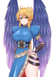 Rule 34 | 1girl, blonde hair, breasts, breath of fire, breath of fire ii, bridal gauntlets, closed mouth, cowboy shot, dress, feathered wings, green eyes, highres, large breasts, long hair, looking at viewer, nina (breath of fire ii), purple wings, side slit, simple background, solo, white background, wings, yakisobapan tarou &amp; negitoro-ko