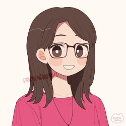 Rule 34 | 1girl, black-framed eyewear, blush, bright pupils, brown eyes, brown hair, commission, emma (kumaema), glasses, highres, jewelry, long hair, necklace, original, parted lips, pink shirt, shadow, shirt, simple background, skeb commission, smile, solo, upper body, white background, white pupils