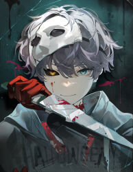 Rule 34 | 1boy, black sclera, blood, blood on face, blood on wall, bloody weapon, blue eyes, closed mouth, colored sclera, commentary, ershuihe, grey hair, grey hoodie, heterochromia, highres, hood, hoodie, looking at viewer, male focus, mask, mask on head, mismatched sclera, orange eyes, reverse:1999, short hair, smile, solo, upper body, weapon, x (reverse:1999)