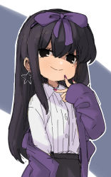 Rule 34 | 1girl, black hair, black skirt, bow, closed mouth, collared shirt, commentary request, cookie (touhou), cowboy shot, earrings, hair bow, jacket, jewelry, long hair, looking at viewer, mole, mole under eye, nahori (hotbeans), purple bow, purple jacket, shirt, shirt tucked in, shunga youkyu, skirt, smile, solo, star (symbol), star earrings, star sapphire, touhou, white shirt