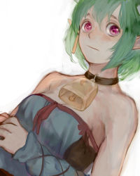 Rule 34 | 1girl, 3838383, bare shoulders, bell, collar, cowbell, danette, danette (soul cradle), detached sleeves, dutch angle, earrings, green hair, jewelry, looking at viewer, neck bell, pointy ears, purple eyes, short hair, simple background, single earring, solo, soul cradle, strapless, white background