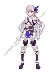 Rule 34 | 1girl, armor, bad id, bad pixiv id, boots, highres, kanjy00u, long hair, original, pixiv fantasia, pixiv fantasia 5, pointy ears, purple eyes, purple hair, simple background, solo, thigh boots, thighhighs, weapon