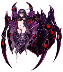 Rule 34 | 1girl, :d, animal hands, arachne, arthropod girl, arthropod limbs, atlach nacha (monster girl encyclopedia), bare shoulders, blunt bangs, blush, extra eyes, extra legs, flat chest, full body, highres, insect girl, kenkou cross, long hair, looking at viewer, monster girl, monster girl encyclopedia, multiple legs, navel, no nipples, no panties, official art, open mouth, petite, purple hair, red eyes, simple background, smile, solo, spider girl, suggestive fluid, taur, tentacles, thighhighs, very long hair, white background