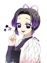Rule 34 | 1girl, black hair, breasts, bug, butterfly, butterfly hair ornament, demon slayer uniform, hair ornament, haori, highres, insect, japanese clothes, kimetsu no yaiba, kochou shinobu, long sleeves, multicolored hair, open mouth, pori (kmt pori), protected link, purple eyes, purple hair, short hair, simple background, smile, solo, twitter username, white background