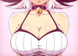 Rule 34 | 1girl, :3, animal ears, animated, animated gif, bare shoulders, bell, neck bell, blush, bouncing breasts, breast focus, breasts, cat ears, cleavage, closed mouth, collar, collarbone, head out of frame, jingle bell, kat (mazume), large breasts, lips, looping animation, mazume, multicolored hair, original, short hair, solo, strap gap, two-tone hair, upper body, white hair