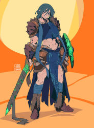 Rule 34 | 1girl, abs, armor, bags under eyes, bandages, bracer, crop top, dungeons &amp; dragons, faulds, fsnowzombie, highres, holding, holding weapon, horn ornament, horns, jewelry, loincloth, looking at viewer, muscular, muscular female, necklace, original, ponytail, scar, scar on face, short hair, shoulder armor, solo, sword, weapon