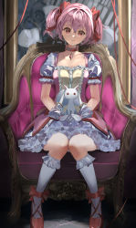 Rule 34 | 1girl, absurdres, blush, bow, breasts, chair, choker, collarbone, dress, frilled dress, frilled sleeves, frilled socks, frills, gloves, hair bow, head tilt, highres, kaname madoka, kneehighs, knees together feet apart, kyubey, looking at viewer, magical girl, mahou shoujo madoka magica, mahou shoujo madoka magica (anime), pink dress, pink eyes, pink hair, puffy short sleeves, puffy sleeves, red choker, red footwear, red ribbon, ribbon, ribbon choker, shirasuke 0822, short sleeves, sitting, sitting on lap, sitting on person, small breasts, smile, socks, solo, soul gem, twintails, white gloves, white socks