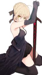 Rule 34 | 1girl, armpits, artoria pendragon (fate), bare shoulders, black dress, black ribbon, blonde hair, braid, breasts, dress, elbow gloves, excalibur morgan (fate), fate/grand order, fate/stay night, fate (series), french braid, from side, gloves, highres, kneeling, looking at viewer, medium breasts, mieharu, planted, ribbon, saber alter, solo, thighhighs, weapon, white background, yellow eyes