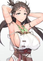 Rule 34 | 1girl, absurdres, armpits, arms behind head, arms up, bare shoulders, body markings, breasts, brown eyes, brown hair, closed mouth, collarbone, dress, fate/grand order, fate (series), highres, himiko (fate), himiko (first ascension) (fate), jewelry, large breasts, long hair, looking at viewer, magatama, magatama necklace, necklace, no bra, sash, seino (sasakike1305), side slit, sideboob, simple background, smile, topknot, twintails, white background, white dress