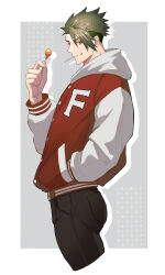 Rule 34 | 1boy, absurdres, achilles (fate), black pants, border, buttons, candy, drop shadow, fate/grand order, fate (series), food, from side, green hair, hand in pocket, haruakira, highres, holding, holding candy, holding food, holding lollipop, jacket, letterman jacket, lollipop, long sleeves, male focus, orange eyes, pants, red eyes, short hair, solo, undercut, white border