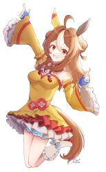 Rule 34 | 1girl, absurdres, ahoge, animal ears, arm up, bare shoulders, blue gloves, boots, breasts, brown hair, cleavage, commentary request, copano rickey (umamusume), detached sleeves, double bun, dress, ear covers, ear ornament, fingerless gloves, frilled dress, frills, gloves, hair between eyes, hair bun, hair ornament, highres, horse ears, horse girl, horse tail, kumakotoy, long hair, long sleeves, medium breasts, midair, multicolored hair, pointing, pointing up, simple background, solo, streaked hair, tail, tassel, tassel hair ornament, umamusume, white background, white footwear, white hair, wide sleeves, yellow dress