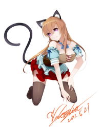 Rule 34 | 1girl, animal ears, bare shoulders, black thighhighs, breasts, brown hair, cat ears, cat tail, corset, dated, detached sleeves, full body, highres, kneeling, long hair, looking at viewer, medium breasts, original, purple eyes, red skirt, shaded face, short sleeves, signature, simple background, skirt, smile, solo, tail, thighhighs, velonicalo, white background