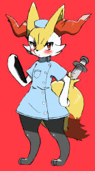 Rule 34 | 1girl, absurdres, animal ear fluff, animal ears, animal hands, animal nose, barefoot, black fur, blue dress, blush, body fur, braixen, breast pocket, chizi, clipboard, closed mouth, clothed pokemon, creatures (company), dress, female focus, flat chest, fox ears, fox girl, fox tail, full body, furry, furry female, game freak, gen 6 pokemon, hand on own hip, hand up, hat, highres, holding, nintendo, nurse, nurse cap, pocket, pokemon, pokemon (creature), red background, red eyes, short sleeves, simple background, sketch, snout, solo, standing, syringe, tail, white fur, yellow fur