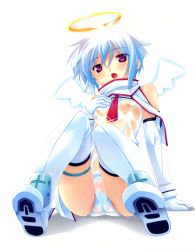Rule 34 | 1girl, :o, androgynous, angel wings, antenna hair, arm support, armor, bare shoulders, blue eyes, blue hair, blush, boots, cameltoe, cross, crotch, djibril zero, elbow gloves, flat chest, full body, gem, gloves, glowing, glowing wings, halo, hand on own chest, highres, jinno nagi, kuuchuu yousai, magical girl, makai tenshi djibril, makai tenshi djibril 3, matching hair/eyes, necktie, nipples, official art, one-piece swimsuit, open mouth, purple eyes, scarf, school swimsuit, school uniform, see-through, shadow, shin guards, short hair, simple background, sitting, soles, solo, swimsuit, swimsuit costume, thigh boots, thigh gap, thigh strap, thighhighs, thighs, wet, wet clothes, wet hair, white background, white hair, white one-piece swimsuit, white school swimsuit, white thighhighs, wings