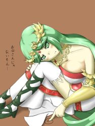 Rule 34 | 1girl, armlet, asymmetrical footwear, blush, breast press, breasts, choker, cleavage, drawing, dress, fingernails, frilled thighhighs, frills, frown, gem, green eyes, green hair, high heels, jewelry, kid icarus, kid icarus uprising, large breasts, long hair, mismatched footwear, namaixy, necklace, nintendo, palutena, parted bangs, pendant, sad, sandals, side slit, sitting, solo, spiral, strapless, strapless dress, swept bangs, tears, thighhighs, tiara, translation request, vambraces, very long hair