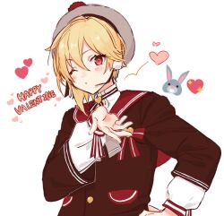 Rule 34 | 1boy, androgynous, blonde hair, brown jacket, ensemble stars!, happy valentine, hat, headset, heart, jacket, long sleeves, looking at viewer, male focus, nito nazuna, one eye closed, red eyes, red sailor collar, sailor collar, short hair, sketch, solo, sushi 171