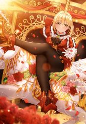 Rule 34 | 10s, 1girl, ascot, black pantyhose, blonde hair, closed mouth, crossed legs, crown, fate/extra, fate/grand order, fate (series), flower, gloves, green eyes, hair intakes, has bad revision, has downscaled revision, highres, junpaku karen, looking at viewer, md5 mismatch, mini crown, nero claudius (fate), nero claudius (fate) (all), nero claudius (fate/extra), official alternate costume, pantyhose, petals, pink flower, pink rose, red flower, red footwear, red rose, resolution mismatch, rose, shoes, short hair, sitting, skirt, smile, solo, source smaller, tassel, throne, white gloves, white skirt