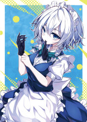 1girl adjusting_clothes adjusting_gloves apron back_bow blue_eyes bow bowtie braid commentary_request dress frilled_dress frills glove_in_mouth gloves hair_bow highres izayoi_sakuya maid maid_headdress mouth_hold short_sleeves side_braids solo touhou waist_apron white_hair yamanakaume