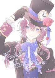 Rule 34 | 1boy, absurdres, black gloves, blue eyes, clock, facing viewer, formal, gloves, happy birthday, hat, highres, kanon (shiro to kuro no alice), long hair, long sleeves, looking to the side, low ponytail, male focus, purple hair, shiro to kuro no alice, solo, top hat, white background, yukiralu