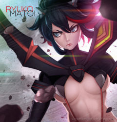 Rule 34 | &gt;:(, 10s, 1girl, artist name, black hair, blue eyes, breasts, character name, cleavage, closed mouth, facebook username, frown, hair between eyes, kill la kill, large breasts, lips, magion02, matoi ryuuko, midriff, multicolored hair, nose, rock, senketsu, signature, solo, suspenders, two-tone hair, underboob, underwear, upper body, v-shaped eyebrows, watermark, web address, wind