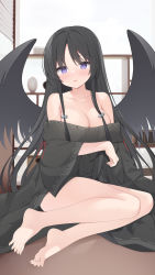 Rule 34 | 1girl, bare legs, bare shoulders, barefoot, black hair, black kimono, breasts, cleavage, feet, hair ornament, highres, japanese clothes, jyt, kimono, large breasts, long hair, looking at viewer, off shoulder, original, parted lips, purple eyes, sitting, solo, thighs, very long hair, wings