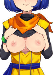 Rule 34 | 1girl, blue hair, breasts, breasts out, cleavage, clothes lift, dragon quest, head out of frame, highres, medium breasts, morisobo, nipples, no bra, seraphy (dq10), shirt lift, short hair, simple background, smile, solo, sweat, white background
