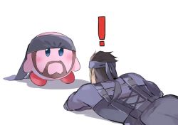 Rule 34 | !, 1boy, 1other, bandana, beard, copy ability, facial hair, gloves, headband, kirby, kirby (series), looking at another, lying, male focus, metal gear (series), metal gear solid, metal gear solid 2: sons of liberty, mustache, nintendo, oboro keisuke, on stomach, short hair, simple background, sneaking suit, solid snake, super smash bros., white background