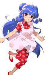 Rule 34 | 1girl, absurdres, apron, arutera, blue hair, breasts, chinese clothes, double bun, hair bun, highres, medium breasts, open mouth, purple eyes, ranma 1/2, shampoo (ranma 1/2), shoes, short sleeves, sidelocks, simple background, solo, standing, standing on one leg, white background