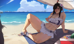 Rule 34 | 1girl, abs, absurdres, beach, beach towel, bikini, bikini skirt, black hair, blush, breasts, closed mouth, cooler, exhibitionism, final fantasy, final fantasy vii, final fantasy vii rebirth, final fantasy vii remake, flashing, flower, food, frilled bikini, frilled bikini top, frills, fruit, hair flower, hair ornament, hand on ground, highres, huge breasts, knee up, large breasts, leaning back, looking at viewer, microskirt, midriff, muscular, muscular female, nipples, ocean, one breast out, patreon username, public indecency, red eyes, sandals, sisqueira, sitting, skirt, smile, soda, solo, swimsuit, thick thighs, thighs, tifa lockhart (shining spirit), towel, watermelon, white bikini, white skirt