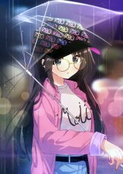 Rule 34 | 1girl, baseball cap, belt, black belt, black hair, black hat, blue eyes, blurry, blurry background, blush, breasts, closed mouth, denim, dot nose, earrings, glasses, hat, highres, holding, holding umbrella, idolmaster, idolmaster shiny colors, jacket, jewelry, lens flare, long hair, long sleeves, looking at viewer, mitsumine yuika, open clothes, open jacket, parted lips, pink jacket, print shirt, qs11, rain, round eyewear, shirt, small breasts, solo, transparent, transparent umbrella, umbrella, water drop, white shirt